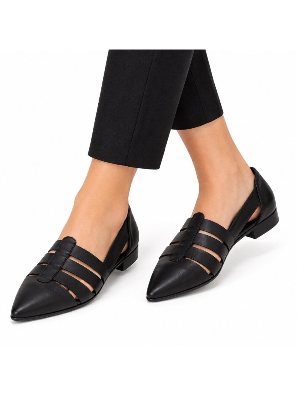Chinese Laundry Womens 9 Black Leather Pointed Toe Cage Vamp Flats Edgy Urban